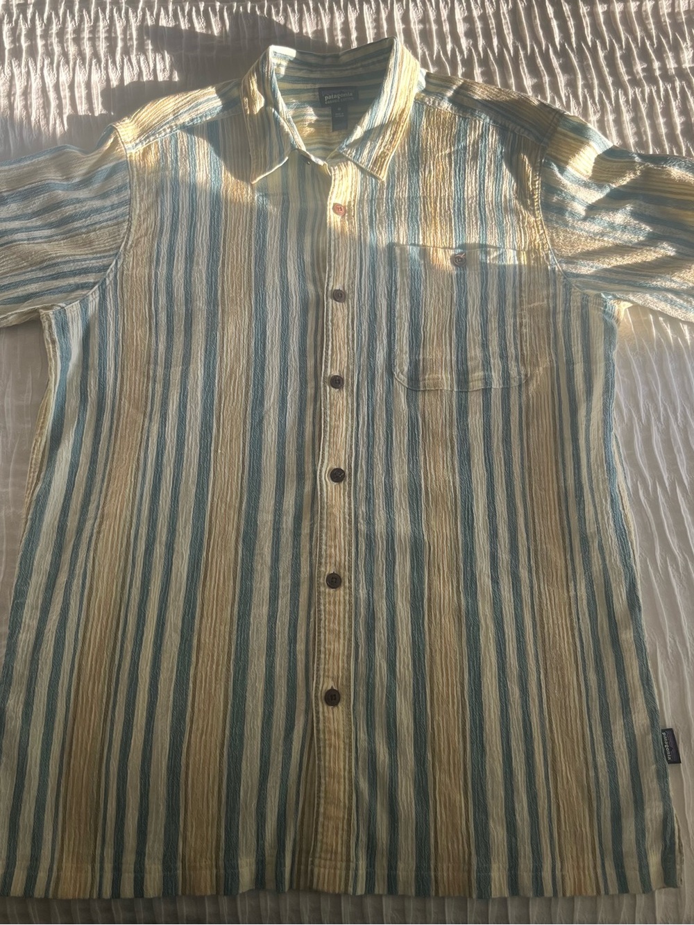Patagonia Blue and Cream Vertical Stripe Short-Sleeve Button-Down